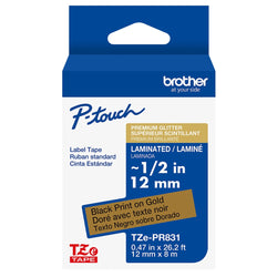 Original Brother TZe-PR831 12mm (0.47") Black on Premium Glitter Gold Laminated Labeling Tape for P-touch Printer, 26.2'