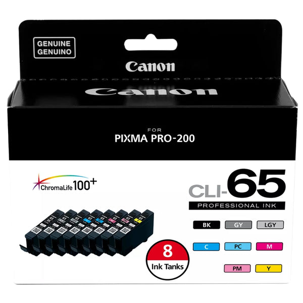 Original Canon CLI-65 High Yield Black and Multi-Colors Ink Cartridge, 8 Packs