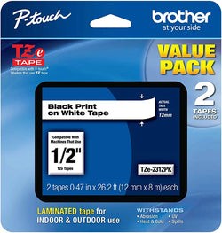 Genuine Brother TZe-2312PK 1/2 In. Black on White P-Touch Label Tape 2/Pack