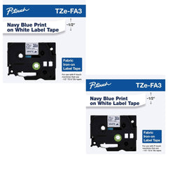 Genuine Brother P-touch TZE-FA3 Tape, 1/2" (0.47") Wide Fabric Iron-On Tape, Navy Blue on White, 2-Pack,TZEFA3