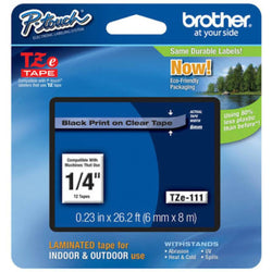 Genuine Brother TZe-111 Labelling Tape Cassette – Black on Clear, 6mm wide