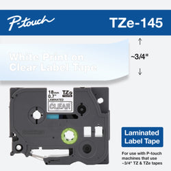 Genuine Brother PTZe-145 Labelling Tape Cassette , 18 mm (W) x 8 m (L), White on Clear, TZE-145