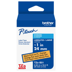 Genuine Brother P-Touch TZE-B51 Tape, 1" (0.94") Wide Standard, Black on Fluorescent Orange, Laminated Tape