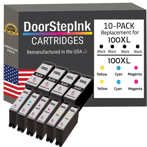 DoorStepInk Remanufactured in the USA Ink Cartridges for Lexmark 100XL 4 Black / 2 Colors 10-pack