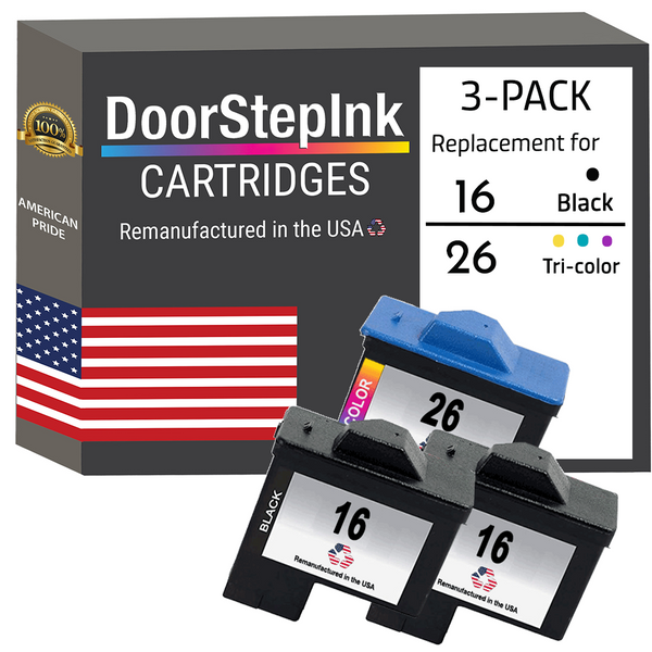 DoorStepInk Remanufactured in the USA Ink Cartridges for Lexmark #16 2 Black / #26 1 Color 3-Pack