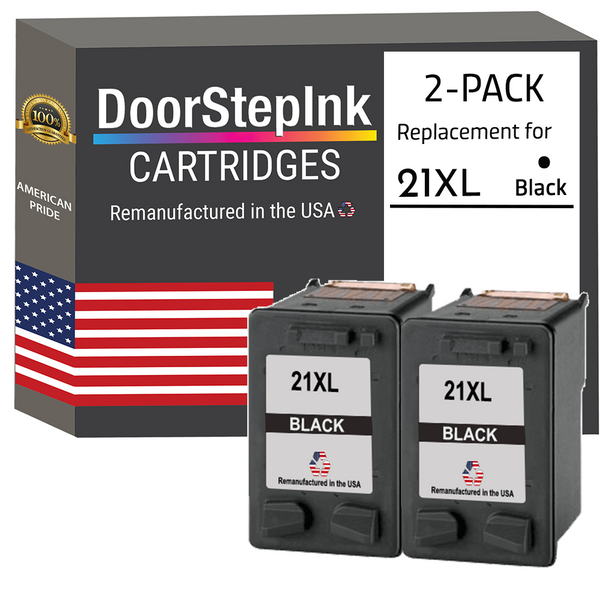 DoorStepInk Remanufactured in the USA Ink Cartridges for HP 21XL 21 XL Black Twin Pack