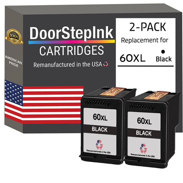 DoorStepInk Remanufactured in the USA Ink Cartridges for HP 60XL 60 XL Black Twin Pack