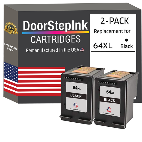 DoorStepInk Remanufactured in the USA Ink Cartridges for HP 64XL 64 XL Black Twin Pack