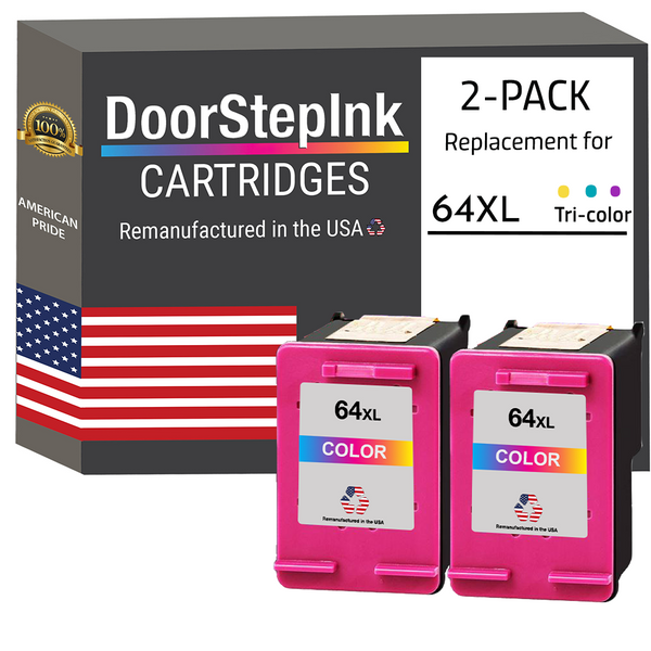 DoorStepInk Remanufactured in the USA Ink Cartridges for HP 64XL 64 XL Color Twin Pack