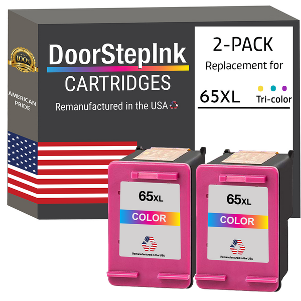 DoorStepInk Remanufactured in the USA Ink Cartridges for HP 65XL 65 XL Color Twin Pack