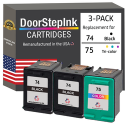 DoorStepInk Remanufactured in the USA Ink Cartridges for HP 74 2 Black / 75 1 Color 3-Pack