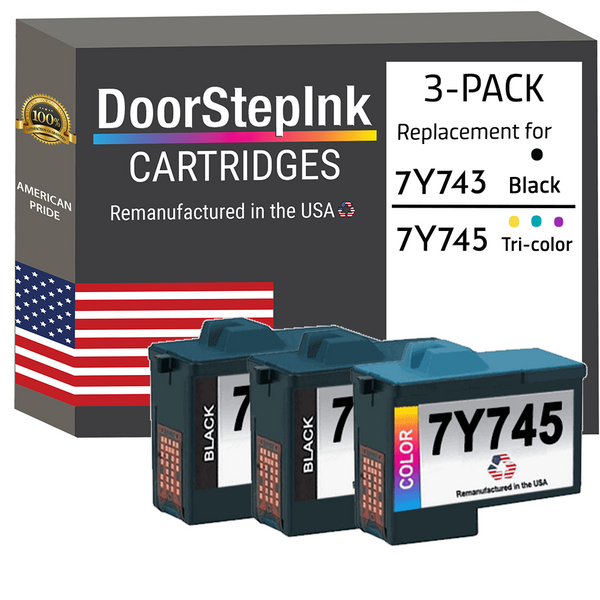 DoorStepInk Remanufactured in the USA Ink Cartridges for Dell Series 2 7Y743 2 Black / 7Y745 1 Color 3-Pack
