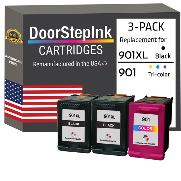 DoorStepInk Remanufactured in the USA Ink Cartridges for HP 901XL 2 Black / 901 1 Color 3-Pack