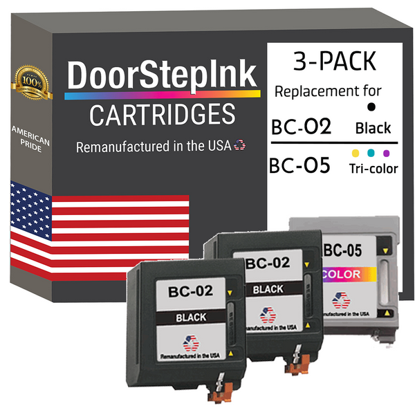 DoorStepInk Remanufactured in the USA Ink Cartridges for Canon BC-02 2 Black / BC-05 1 Color 3-Pack