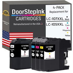 DoorStepInk Remanufactured in the USA Ink Cartridges for Brother LC107BK Black and LC105XXL Cyan, Magenta and Yellow (4Pack)