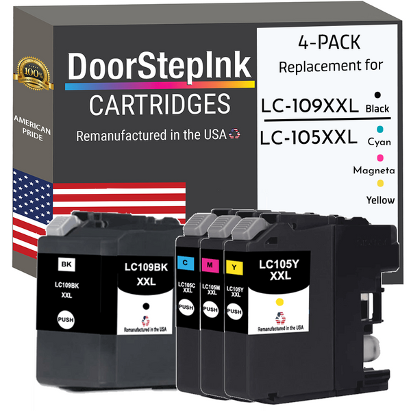DoorStepInk Remanufactured in the USA Ink Cartridges for Brother LC109BK XXL Black and LC105XXL Cyan, Magenta and Yellow (4Pack)
