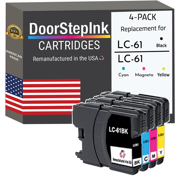 DoorStepInk Remanufactured in the USA Ink Cartridges for Brother LC61 Black, Cyan, Magenta and Yellow (4Pack)