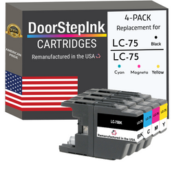 DoorStepInk Remanufactured in the USA Ink Cartridges for Brother LC75 Black, Cyan, Magenta and Yellow (4Pack)