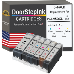 DoorStepInk Remanufactured in the USA Ink Cartridges for Canon PGI-250XL Black and CLI-251XL Black, Cyan, Magenta, Yellow and Gray (6Pack)