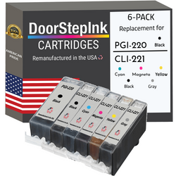 DoorStepInk Remanufactured in the USA Ink Cartridges for Canon PGI-220 Black and CLI-221 Black, Cyan, Magenta, Yellow and Gray (6Pack)
