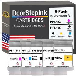 DoorStepInk Remanufactured in the USA Ink Cartridges for Canon PFI-102 130 ML MB/B/C/Y and Canon PFI-104 130ML M (5Pack)