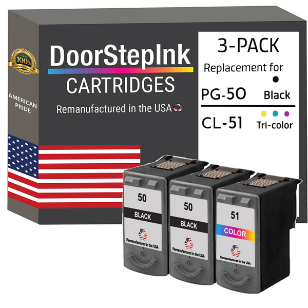DoorStepInk Remanufactured in the USA Ink Cartridges for Canon PG-50 2 Black / CL-51 1 Color 3-Pack