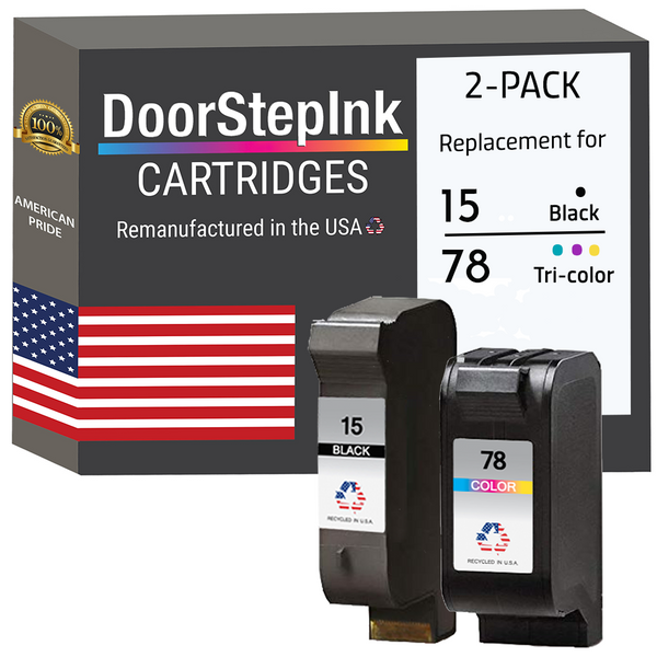 DoorStepInk Remanufactured in the USA Ink Cartridge for 15 C6615DN Black and 78 C6578AN Tri-Color