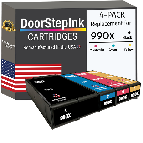 DoorStepInk Remanufactured in the USA Ink Cartridges for 990X M0K01AN 1 Black, 990X M0J89AN 1 Cyan, 990X M0J93AN 1 Magenta and 990X M0J97AN 1 Yellow (4Pack)