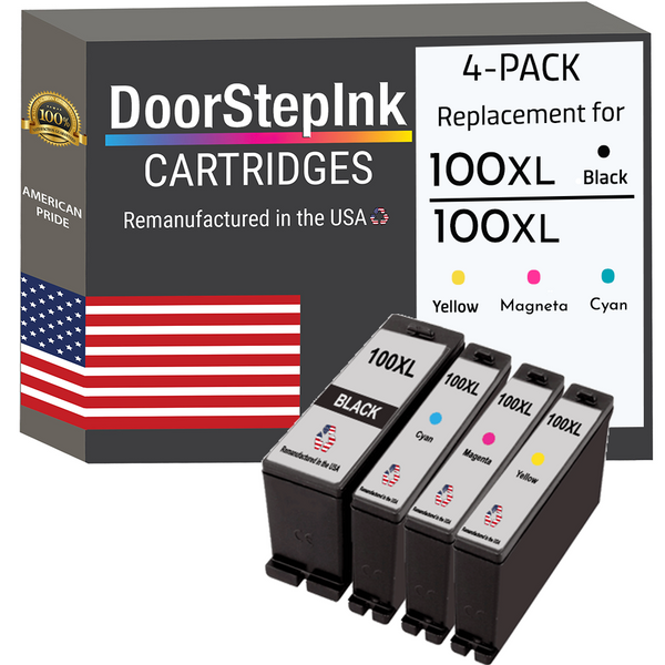 DoorStepInk Remanufactured in the USA Ink Cartridges for Lexmark 100XL Black, Cyan, Magenta and Yellow (4Pack)