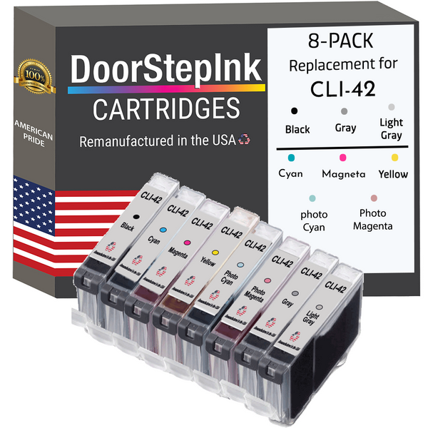 DoorStepInk Remanufactured in the USA Ink Cartridges for Canon CLI-42 Black, Cyan, Magenta, Photo Cyan, Photo Magenta, Gray and Light Gray (8Pack)