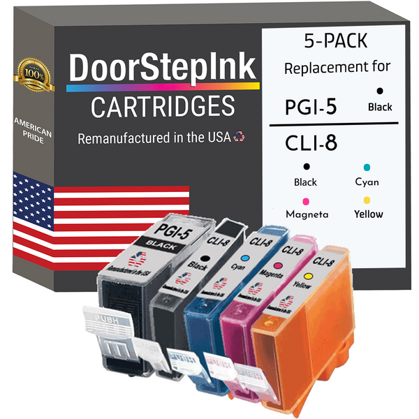 DoorStepInk Remanufactured in the USA Ink Cartridges for Canon PGI-5 Black and CLI-8 Black, Cyan, Magenta and Yellow (5Pack)