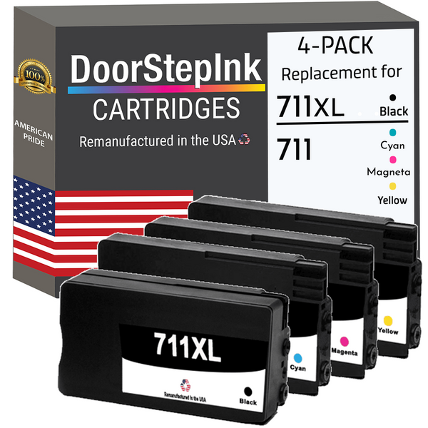 DoorStepInk Remanufactured in the USA Ink Cartridges for 711XL CZ133A 1 Black, 711 CZ130A 1 Cyan, 711 CZ131A 1 Magenta and 711 CZ132A 1 Yellow (4Pack)