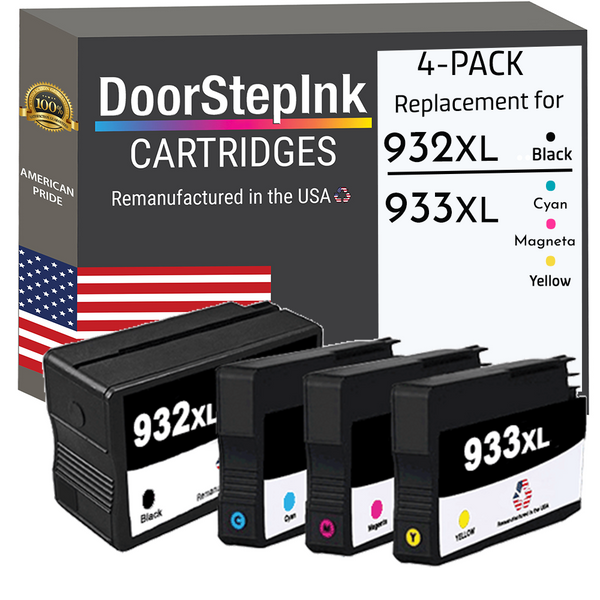 DoorStepInk Remanufactured in the USA Ink Cartridges for 932XL CN053AN 1 Black, 933XL CN054AN 1 Cyan, 933XL CN055AN 1 Magenta and 933XL CN056AN 1 Yellow (4Pack)