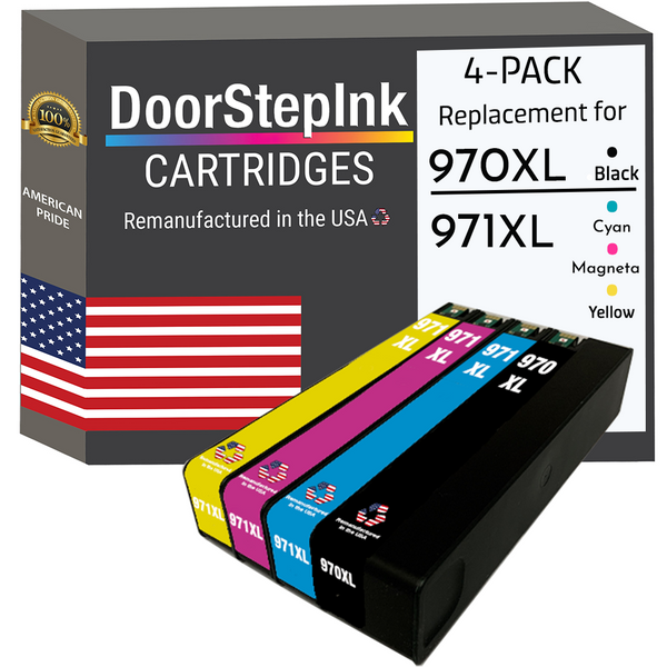 DoorStepInk Remanufactured in the USA Ink Cartridges for 970XL CN625 1 Black, 971XL CN626 1 Cyan, 971XL CN627 1 Magenta and 971XL CN628 1 Yellow (4Pack)